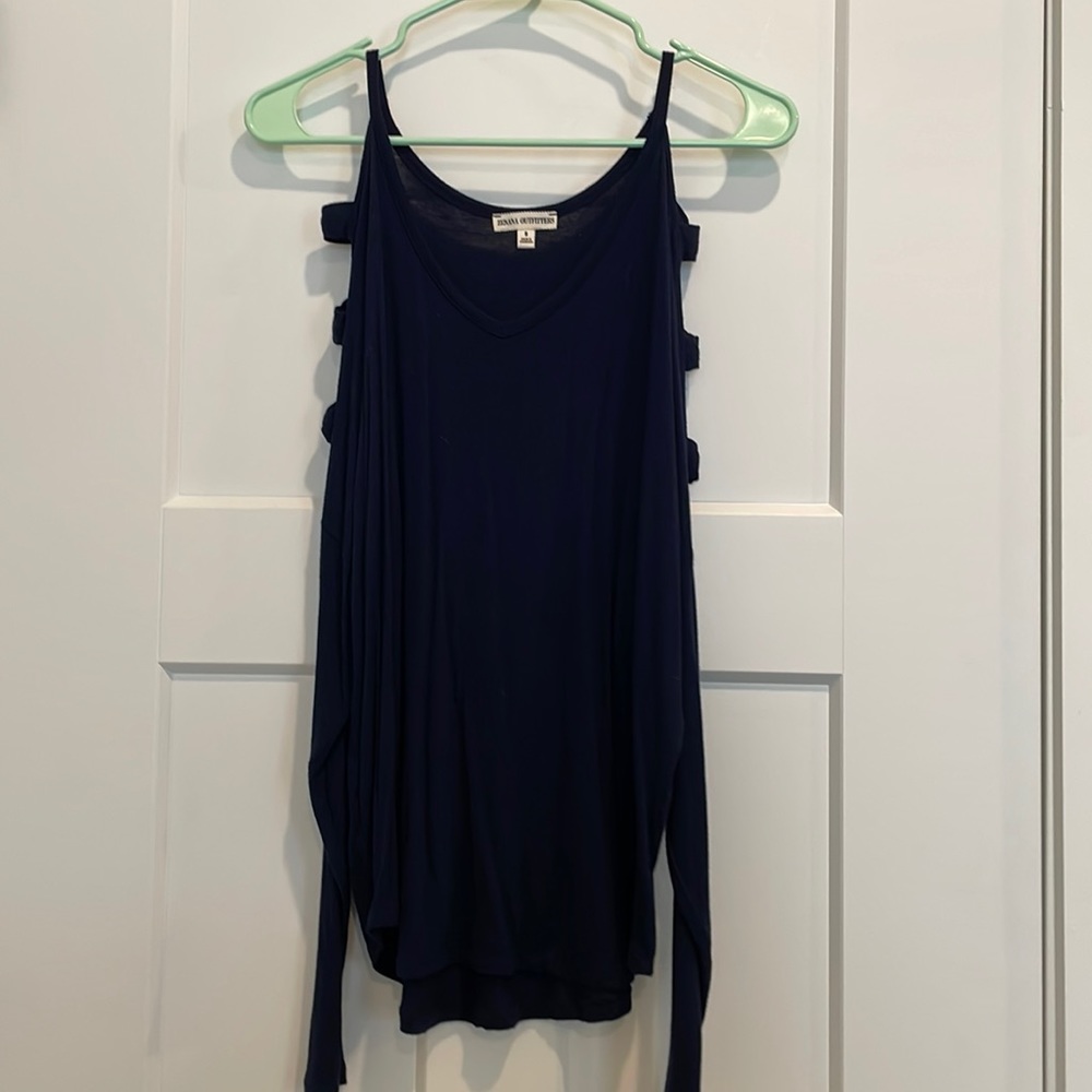 Zenana Outfitters long sleeve cold shoulder top with strap detail
